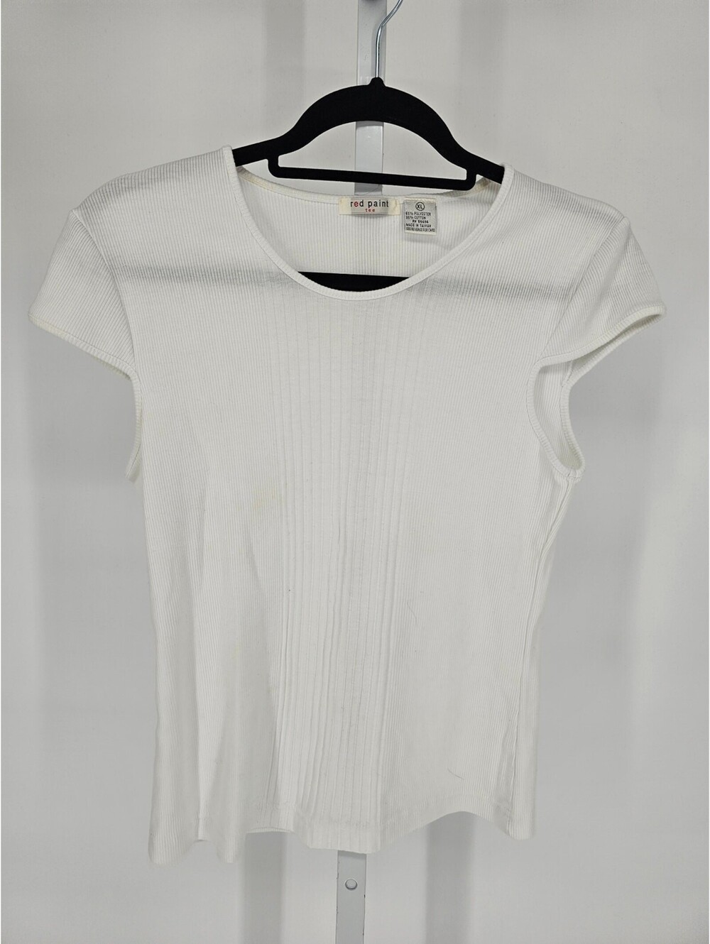 Vtg Y2K Red Paint Womens Sz XL Fitted Ribbed T Shirt White